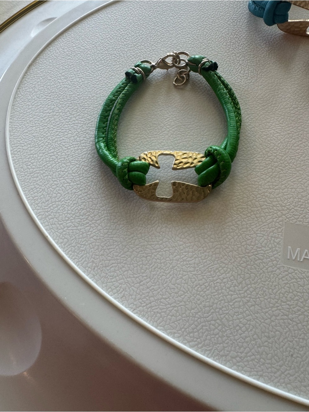 Green Leather Bracelet with Gold Cross Accent